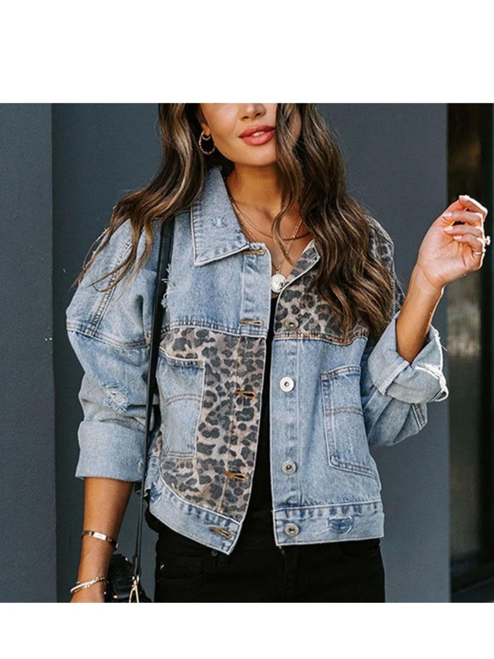 Leopard Panel Light Blue Denim Jacket - Women